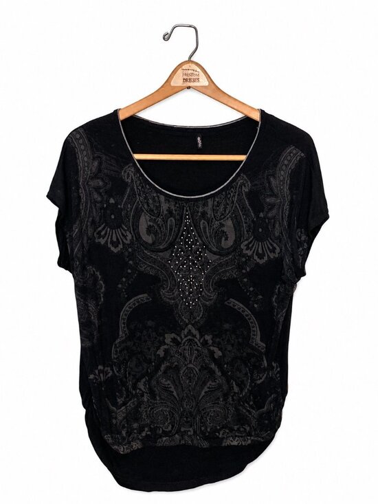 Edyta Tops - Edyta Womens Black Short-Sleeve Patterned Blouse With Studs L
